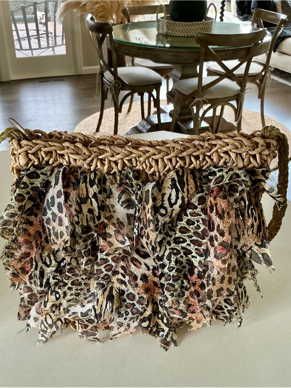 Capelli of New York Raffia Tote with Leopard-Print Fringe - Natural/Multicolor